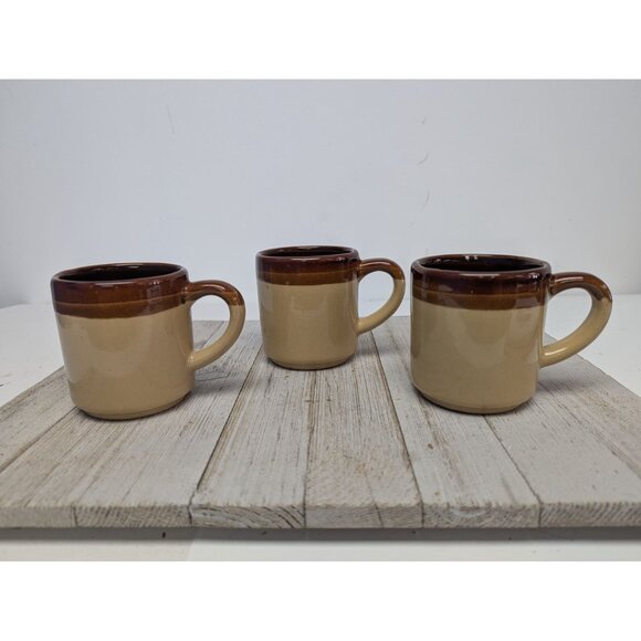 Vintage Mid Century Modern 2-Tone Drip Glaze Pottery Coffee Mugs Set of 3 - Picture 1 of 8